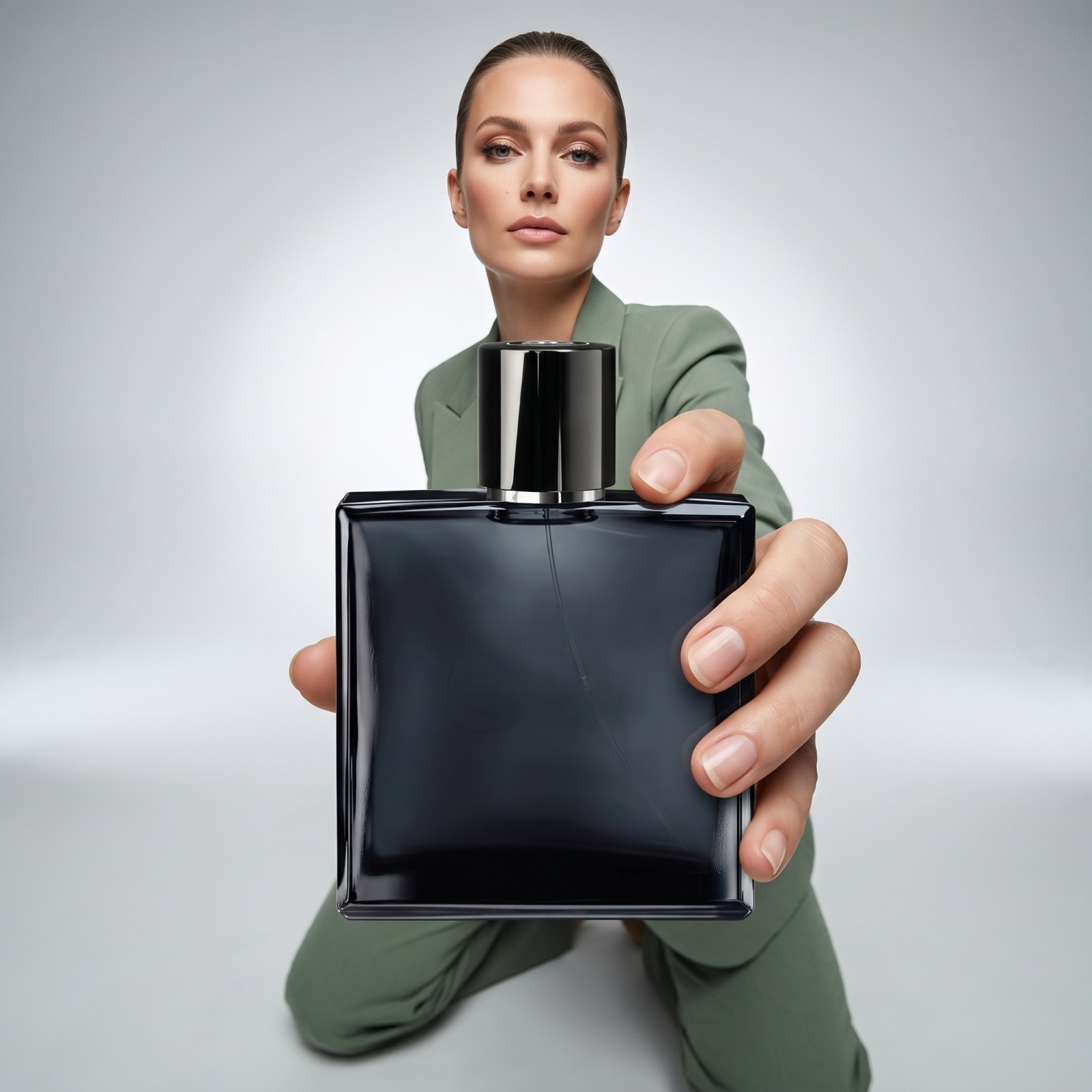 عارضة تقدّم زجاجة عطر سوداء — إعلان عطور