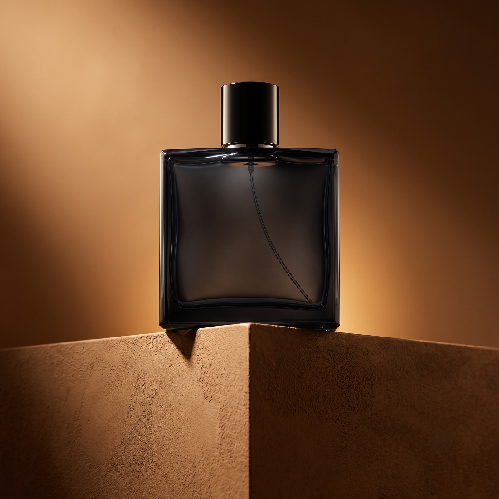 زجاجة عطر سوداء على منصة رملية — تصوير عطور